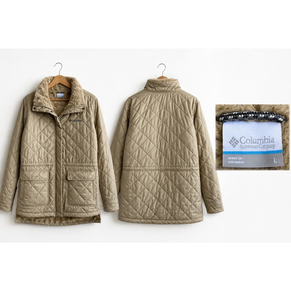 Columbia Women's Large Beige Copper Crest Novelty Quilted Jacket Faux Fur Lined
